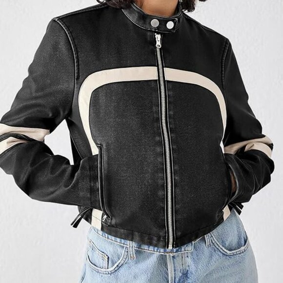 Women Black Faux Leather Zip Up Cropped Jacket Stand Collar Moto Coat - Picture 3 of 5